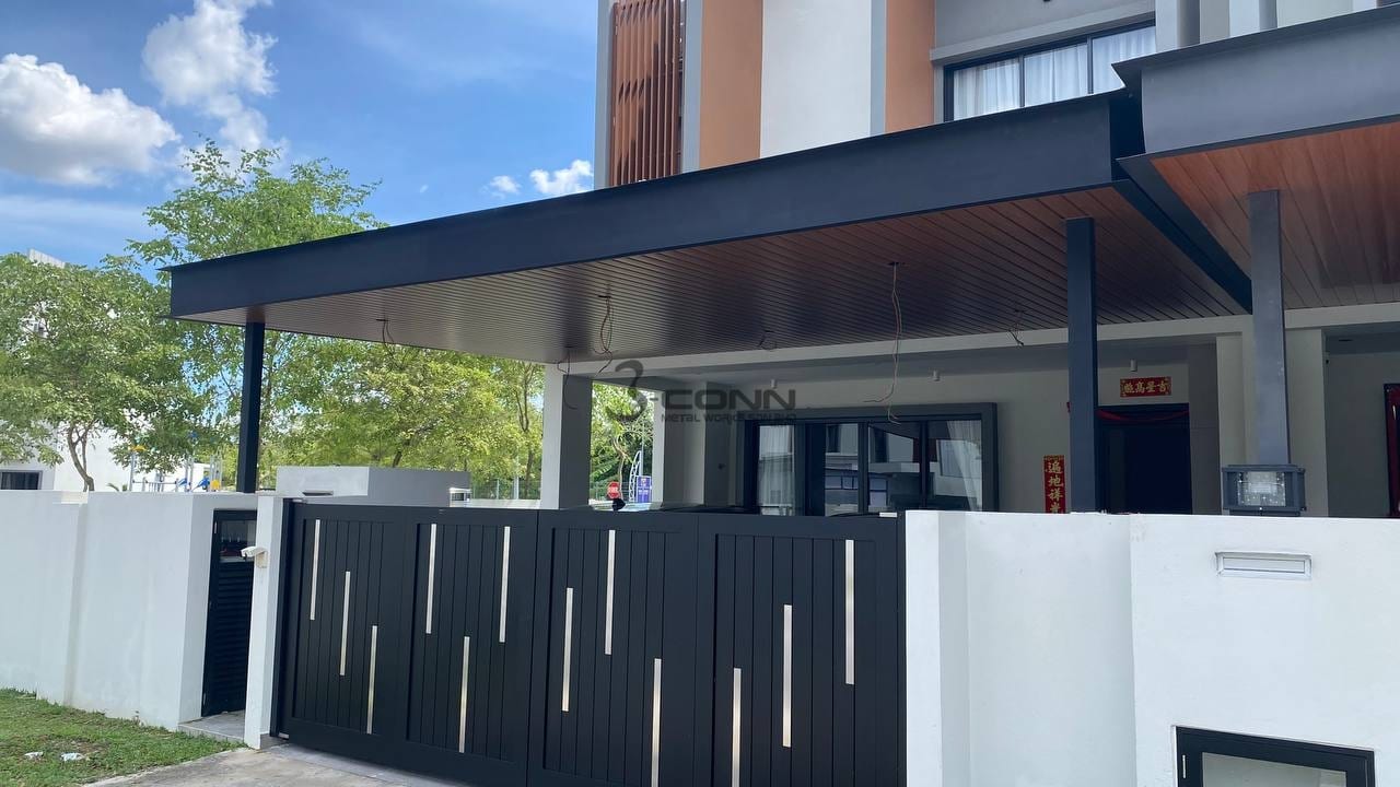 A flat ACP awning on a C-beam frame over the porch of a house, with an aluminium ceiling strip.